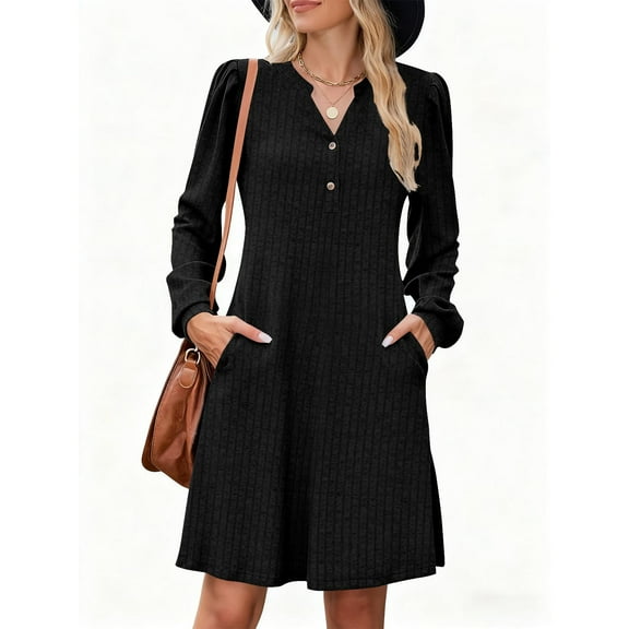 Neewe Women's Ribbed Knit Sweater Dress Casual Long Sleeve V Neck Bodycon Pleated A Line Long Dress Streetwear