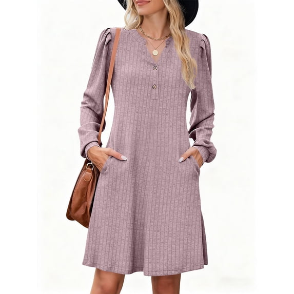 Neewe Women's Ribbed Knit Sweater Dress Casual Long Sleeve V Neck Bodycon Pleated A Line Long Dress Streetwear