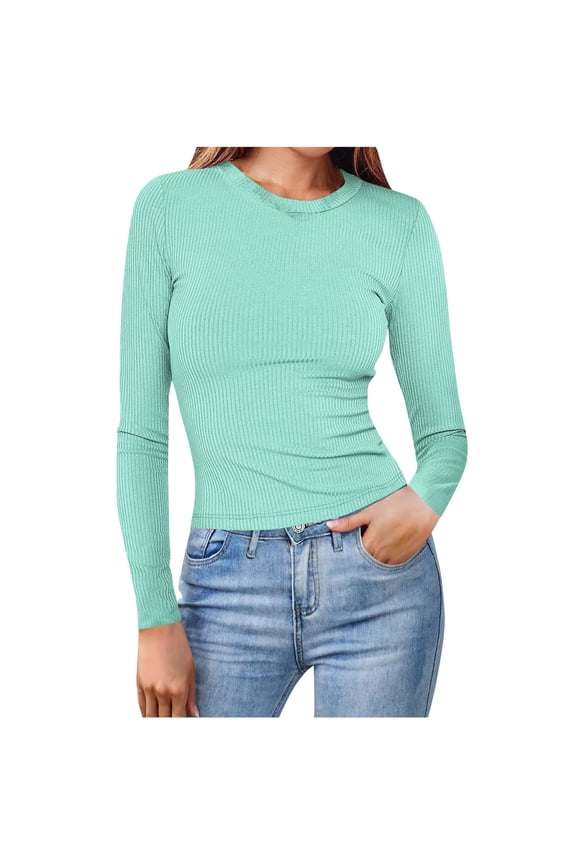 Women's Ribbed Plain Long Sleeve Basic Top - Soft Stretch Crewneck Shirt for Work & Casual