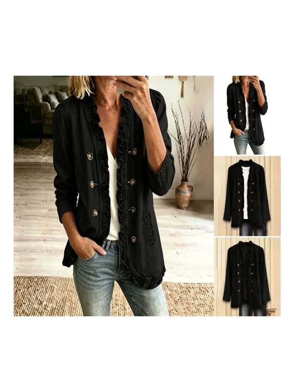 Women's Ruffle Denim Jacket Open Front Double Button Long Sleeve Loose Fit Coat with Pockets for Casual Daily Wear and Outdoor