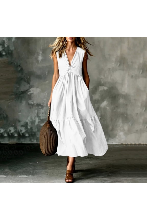 Women's Sleeveless Formal Dress Plain V Neck Loose Casual Long Dresses with Pockets 2026 New