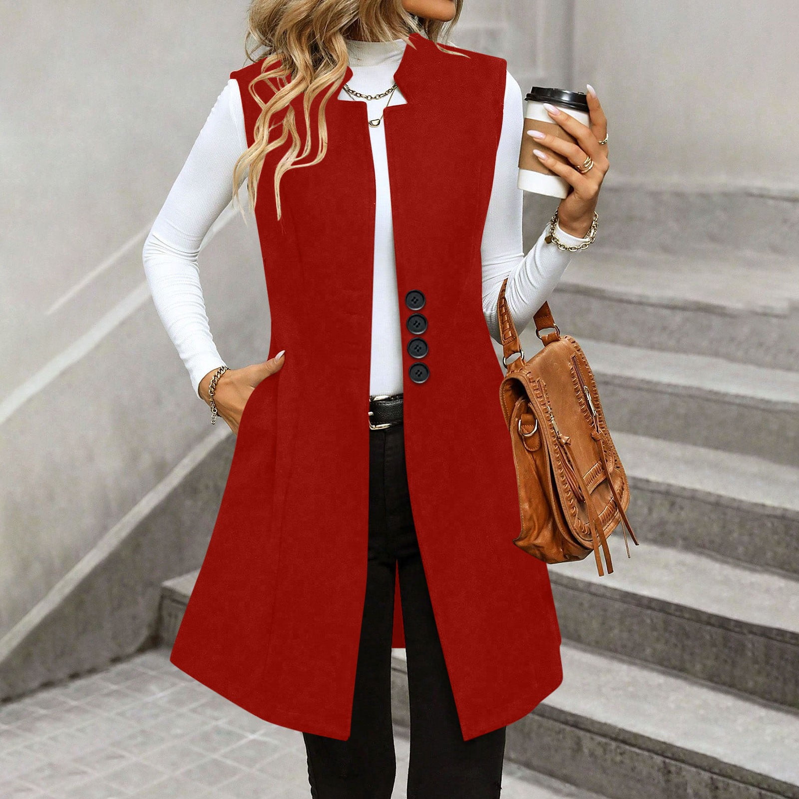Women's Sleeveless Vest Blazer Fully Lined Spring Fall Casual Open Front Work Office Tops Jacket Pockets Woolen Suit