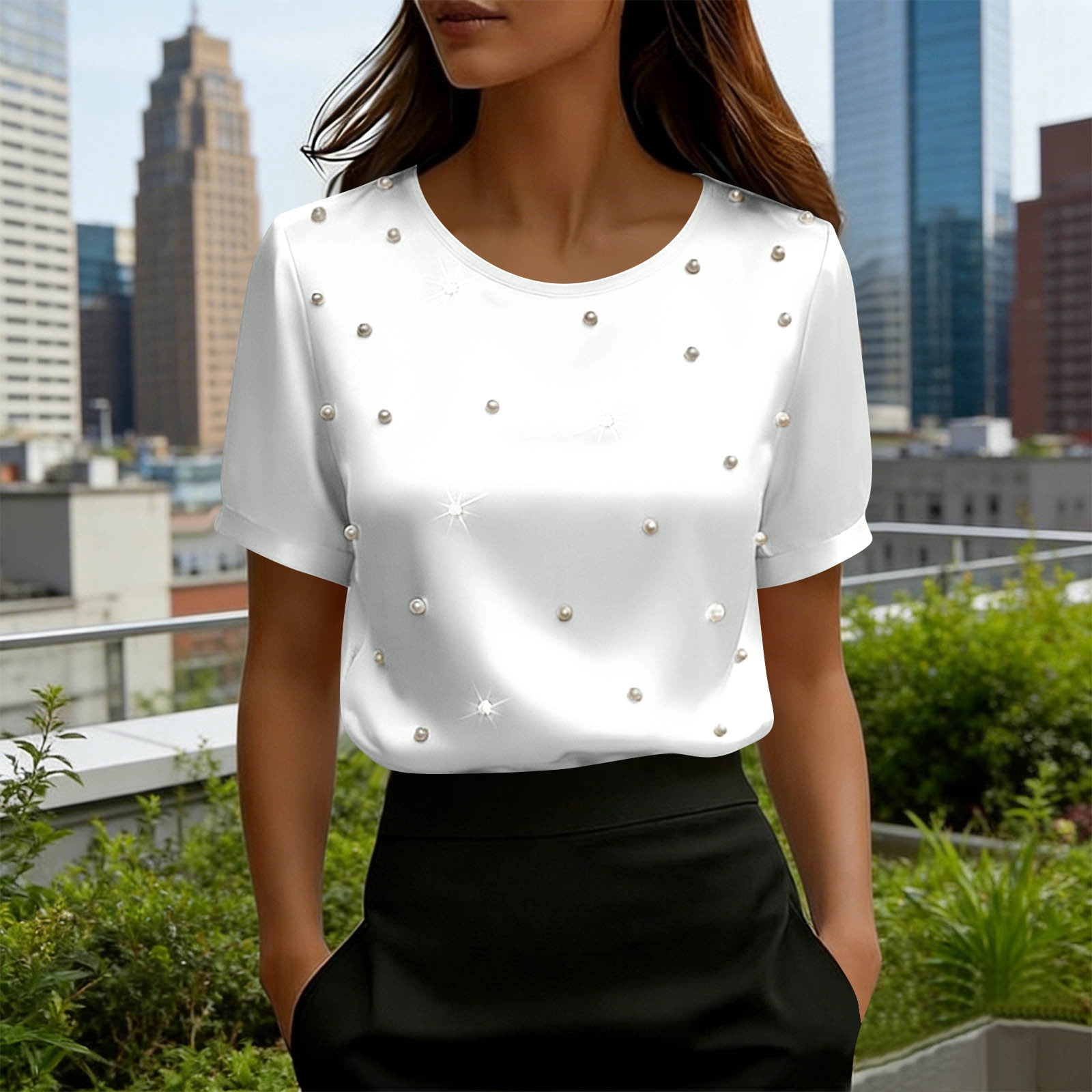 Neewe Women's Smmer Satin Ruffle Short Sleeve Pearl Plain Crew Neck ...