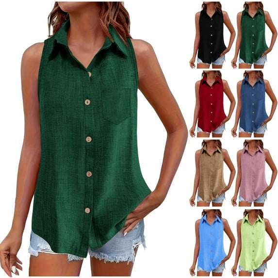 Neewe Women's Solid Lapel Sleeveless Tank Tops Summer Button Down Shirts Office Ladies Shirts-Red L