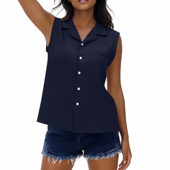 Neewe Women's Solid Lapel Sleeveless Tank Tops Summer Button Down Shirts Office Ladies Shirts