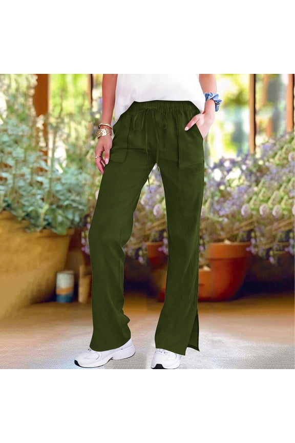 Women's Straight Leg Long Pants Split Hem Elastic High Waist Drawstring Casual Trousers with Pockets