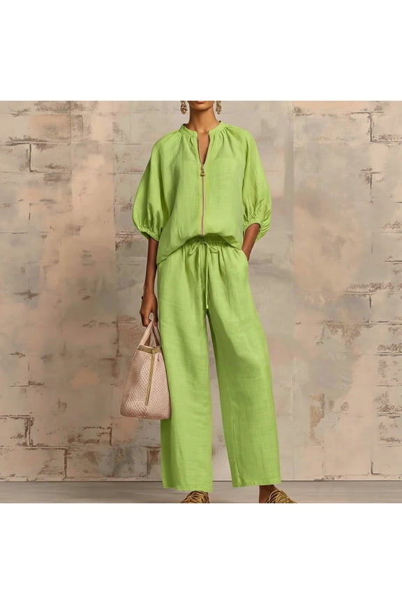 Women's Summer 2 Piece Outfits Set Round neck Half Sleeve Zip Top Wide Leg pants Set Pockets Daily