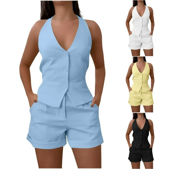 Neewe Women's Summer 2 Piece Outfits Sleeveless Matching Sets Button Down V Neck Vest Waistcoat and Shorts-White XL