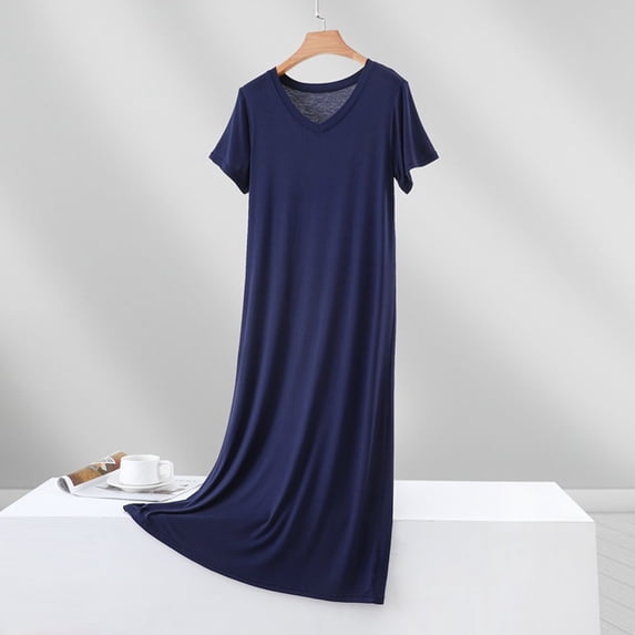 Neewe Women's Summer Casual Midi Dresses Plain V Neck Short Sleeve Knee Soft Fabric House ShirtDress