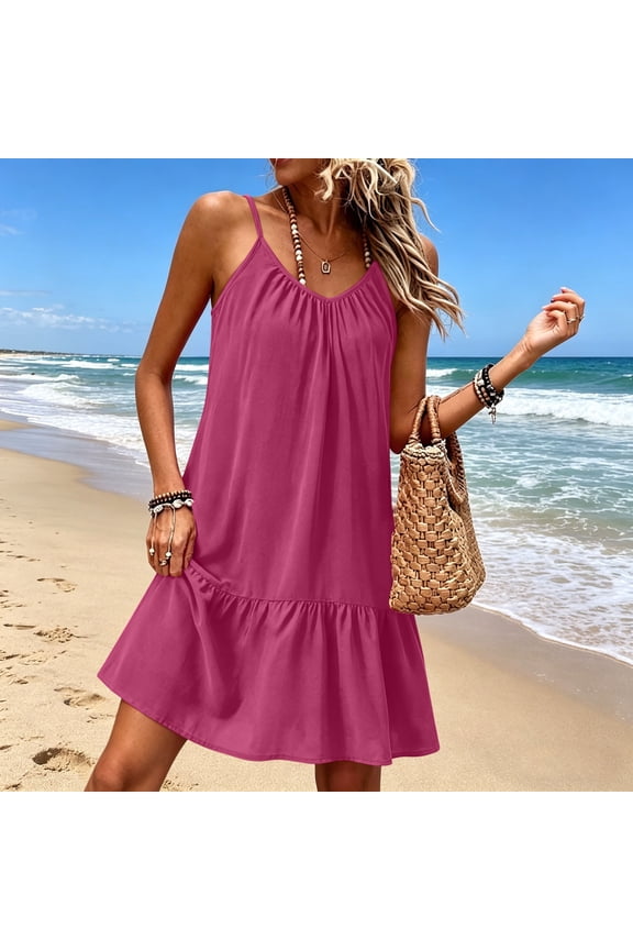 Women's Summer Cotton Linen Dress 2026 Casual Sleeveless Spaghetti Strap Smocked Midi Dress Ruffle Knee Sundresses