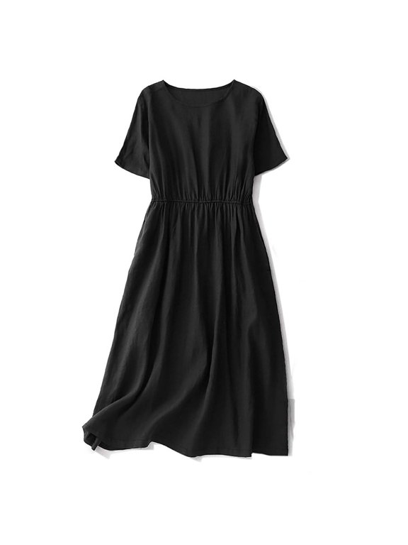 Women's Summer Cotton Linen Lightweight Maxi Dress Loose Casual Plain Round Neck Short Sleeve Long Dresses Daily
