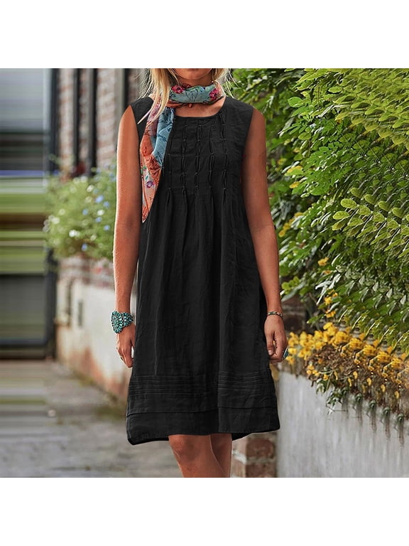 Women's Summer Cotton Linen Midi Dress Loose Casual Plain Round Neck Strap Short Pleated Tunic Waist Dresses Daily