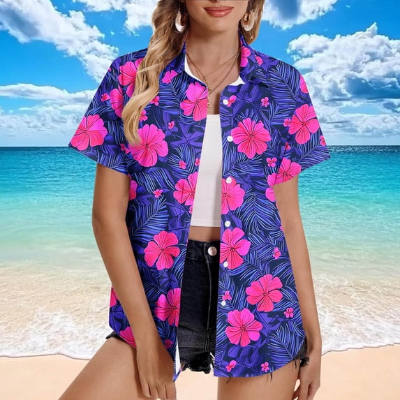 Neewe Women's Summer Hawaiian Shirts Floral Short Sleeve Button Down Shirts Hawaii Tropical Beach Tops Outfits