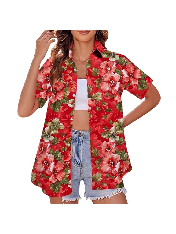 Women's Summer Hawaiian Shirts Floral Short Sleeve Button Down Shirts Hawaii Tropical Beach Tops Outfits