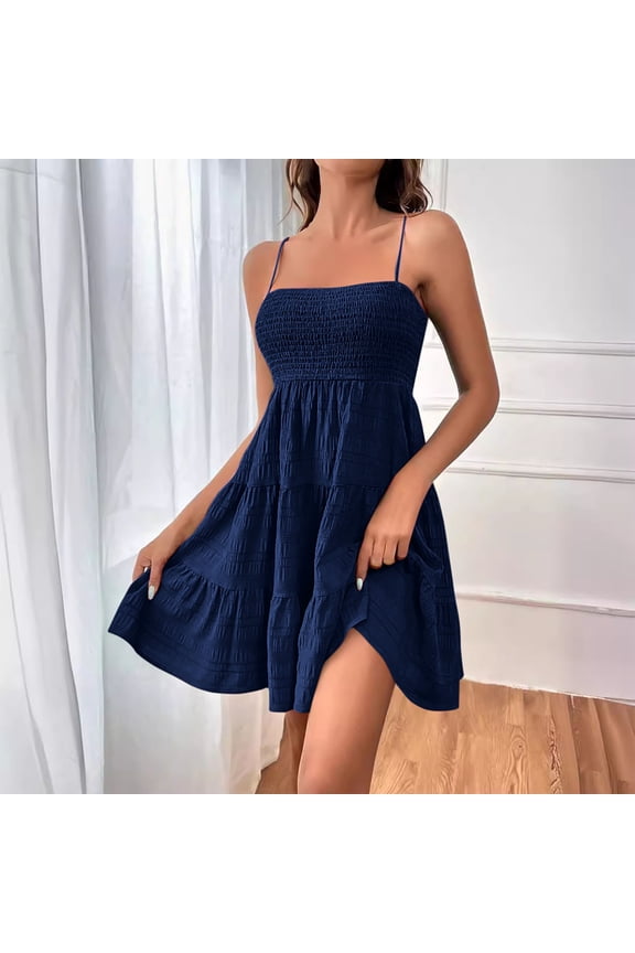 Women's Summer Midi Dress Loose Casual Classic Plain One Shoulder Tube Tunic Waist Pleated Hem Flowy Dresses Daily