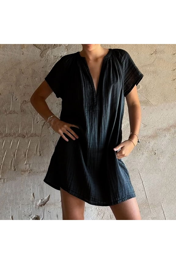 Women's Summer Midi Dress Loose Casual Plain V Neck Short Sleeve Tunic Waist Pleated Hem Short Dresses Daily