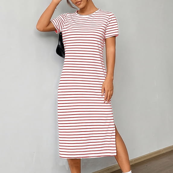 Neewe Women's Summer Midi Dress Loose Short Sleeve Crewneck Striped Dress Basic Office T Shirt Dresses with Pockets
