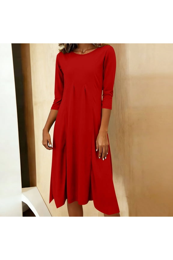 Women's Summer Midi Shirtdress Loose Casual Plain Round Neck 3/4 Sleeve Sundress Pleated Tunic Waist Long Dresses Daily with Pocket