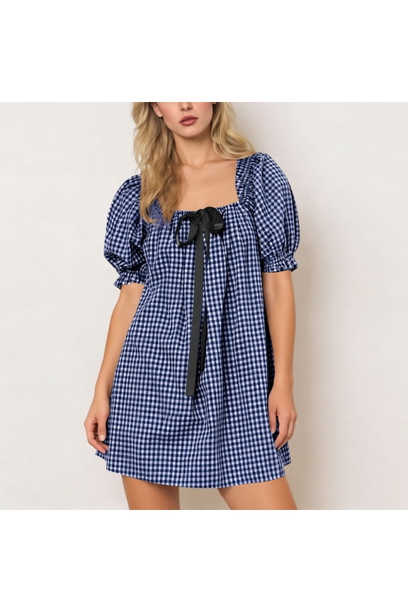 Women's Summer Mini Dress Loose Casual Classic Plaid Print Sqare Neck Short Ruffle Sleeeve Flowy Hem Short Sundress