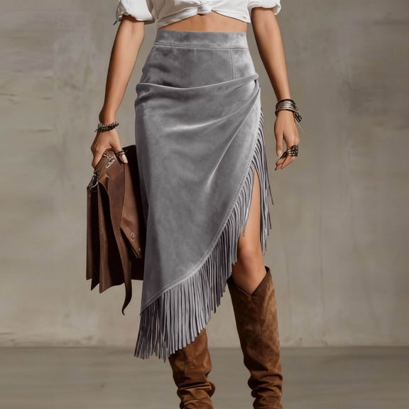 Neewe Women's Summer Ruched Twist Front High Slit Fringe Skirt Asymmetrical Tassel Boho Midi Skirt