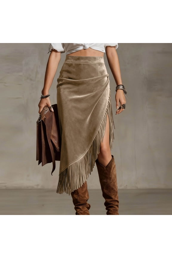 Women's Summer Ruched Twist Front High Slit Fringe Skirt Asymmetrical Tassel Boho Midi Skirt