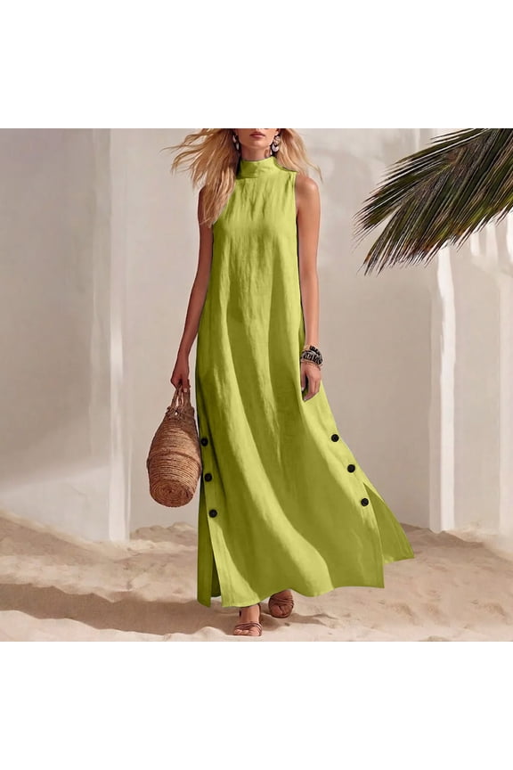 Women's Summer Sleeveless Maxi Shirt Dress Collared Button Down Slit Waist Flowy Ruffle A Line Sun Dress