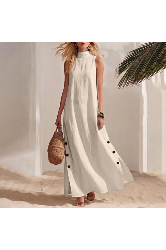 Women's Summer Sleeveless Maxi Shirt Dress Collared Button Down Slit Waist Flowy Ruffle A Line Sun Dress