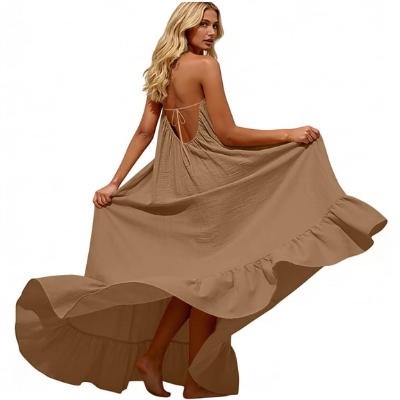 Neewe Women's Summer Spaghetti Strap Sleeveless Linen Overall Dress Casual Home Long Sleeping Skirt Dress