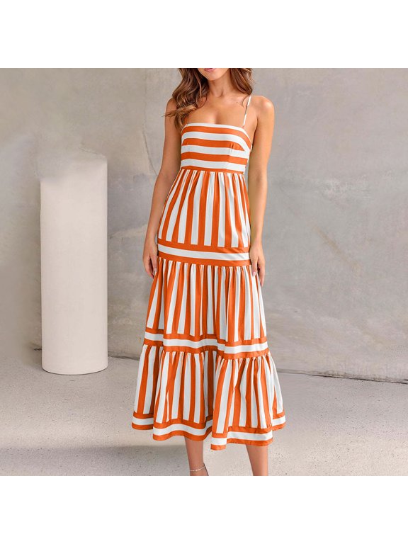 Women's Summer Spaghetti Strap Sundress Striped Casual Loose Fit Adjustable Straps Sleeveless Maxi Dresses