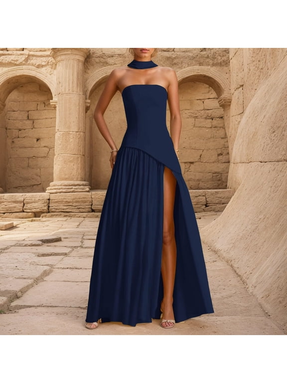 Women's Summer Strapless Sleeveless Patchwork Plain A-Line Tube Long Maxi Dress Off Shoulder Beach Maxi Dress