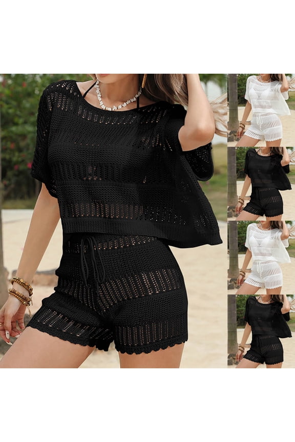 Women's Swimsuits Cover Ups Set Suit Hollow Out 2 Piece Bikini Coverup Beach Swimwear-White S