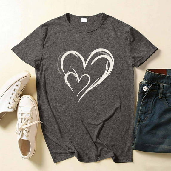 Neewe Women's T Shirts Short Sleeve Tees Heart Graphic Loose Summer Tops