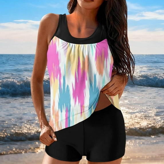 Neewe Women's Tankini Swimsuit Tummy Control Ruched Two Piece Bathing Suit Push Up Modest Swim Suits with Shorts