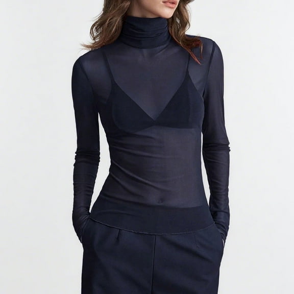 Neewe Women’s Trendy Mock Turtle Neck Long Sleeve Sheer Mesh Ruched Going Out Tops