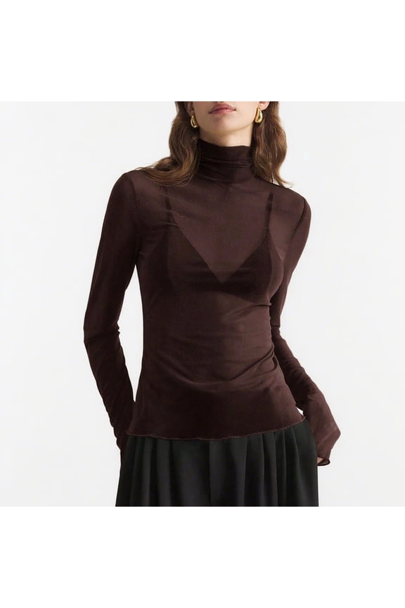 Women’s Trendy Mock Turtle Neck Long Sleeve Sheer Mesh Ruched Going Out Tops