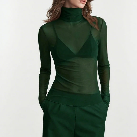 Neewe Women’s Trendy Mock Turtle Neck Long Sleeve Sheer Mesh Ruched Going Out Tops