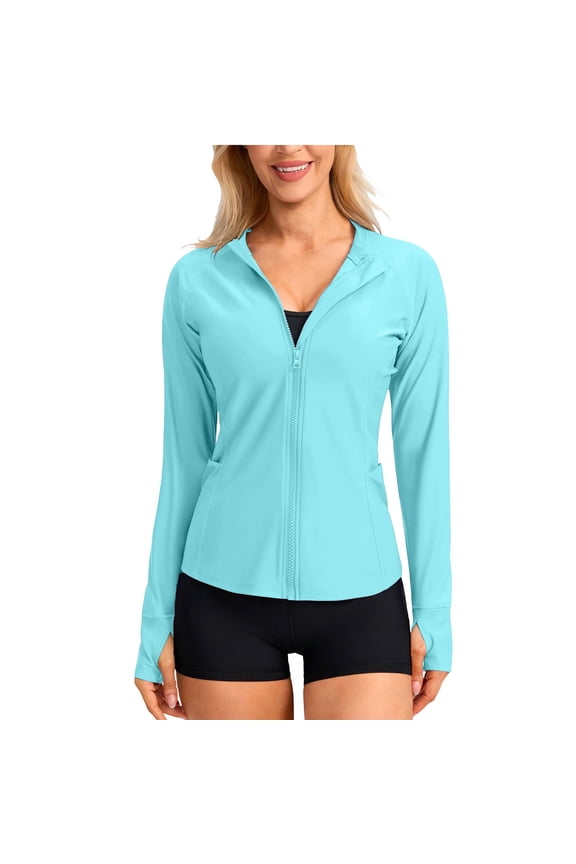Women's UPF 50+ Lightweight Athletic Jacket Sun Protection Full Zip Long Sleeve Shirts Hiking Outdoor Pockets