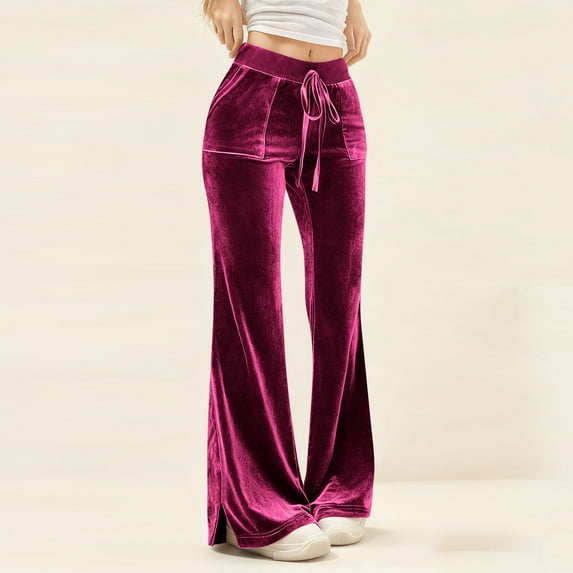 Neewe Women's Velvet Pants Drawstring High Waist Wide Leg Casual Lounge Pant
