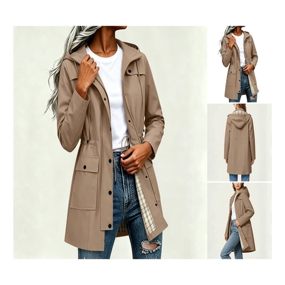 Neewe Women's Waterproof Hooded Rain Jacket with Plaid Lined and Drawstring Waist for Outdoor Casual Wear and Daily Use