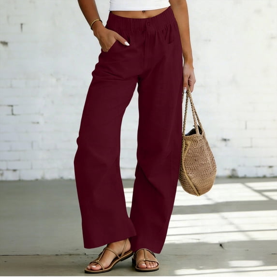 Neewe Women's Wide Leg Pants High Waist Ruffle Hem Casual Loose Long Trousers Solid Color Daily Lounge