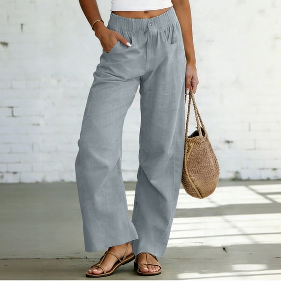 Neewe Women's Wide Leg Pants High Waist Ruffle Hem Casual Loose Long Trousers Solid Color Daily Lounge