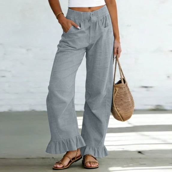 Neewe Women's Wide Leg Pants High Waist Ruffle Hem Casual Loose Long Trousers Solid Color Daily Lounge