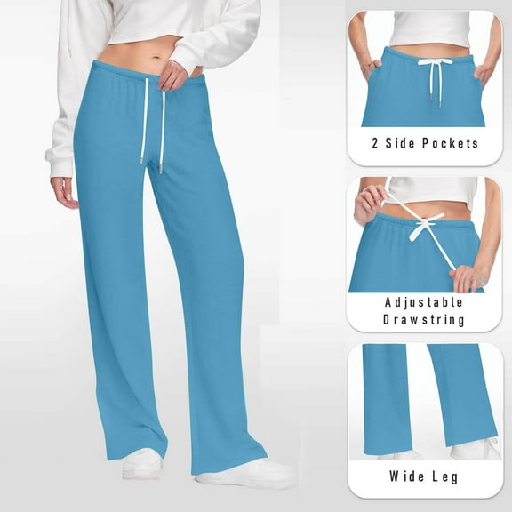 Neewe Women's Wide Leg Sweatpants Straight Leg Lowrise Sweat Pants Drawstring Elastic Low Waist Pants with Pockets