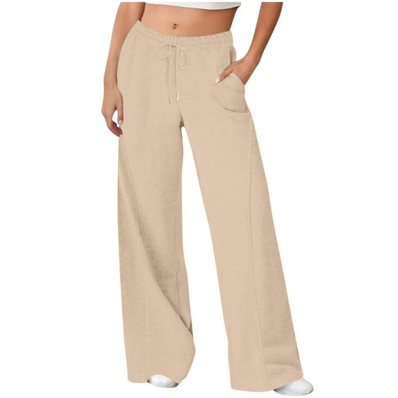 Neewe Women's Wide Leg Sweatpants Straight Leg Lowrise Sweat Pants Drawstring Elastic Low Waist Pants with Pockets