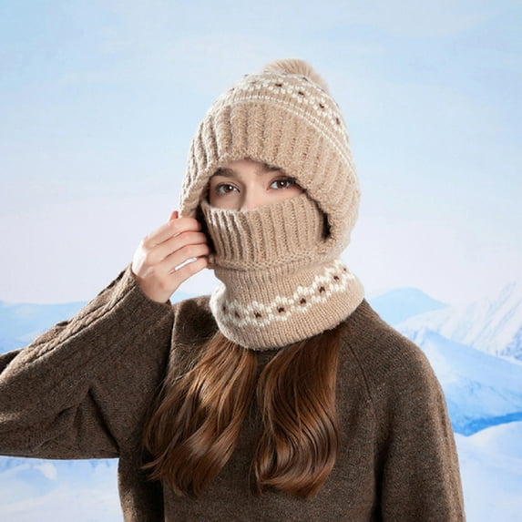 Neewe Women's Winter Plus Velvet Cold-proof Knitted Wool Hat Outdoor Warm Earmuffs Hat Scarf Mask Integrated Hat