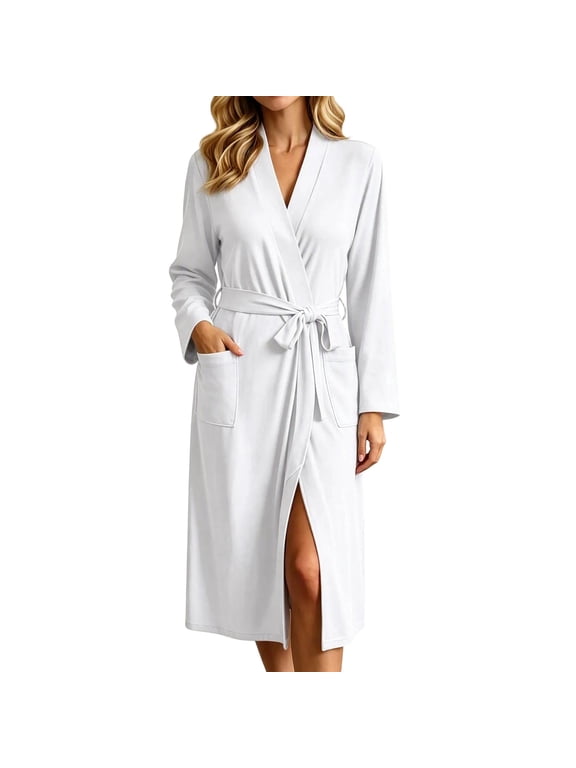 Women's Wrap Robe Plain Long Sleeve Front with Belt Pockets 1 Pack Sizes S to XXXL Polyester Spandex for Lounge Wear