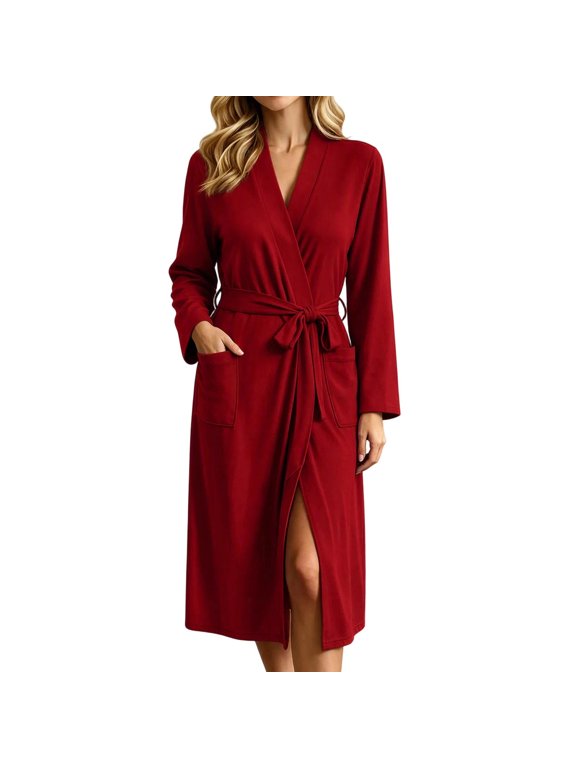 Women's Wrap Robe Plain Long Sleeve Front with Belt Pockets 1 Pack Sizes S to XXXL Polyester Spandex for Lounge Wear