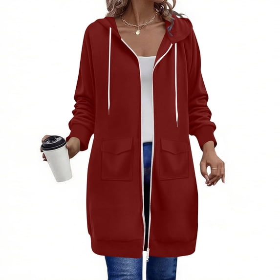 Neewe Women's Casual Pockets Zip up Hoodies Tunic Sweatshirt Long Hoodie Jacket