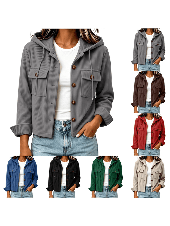 Womens 2026 Fall Corduroy Shacket Jacket Long Sleeve Button Down Plain Hooded Coat with Pockets
