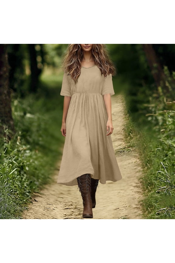 Womens 2026 Summer Loose Plain Crewneck Dresses Casual Short Sleeve Empire Waist Spring Long Dress